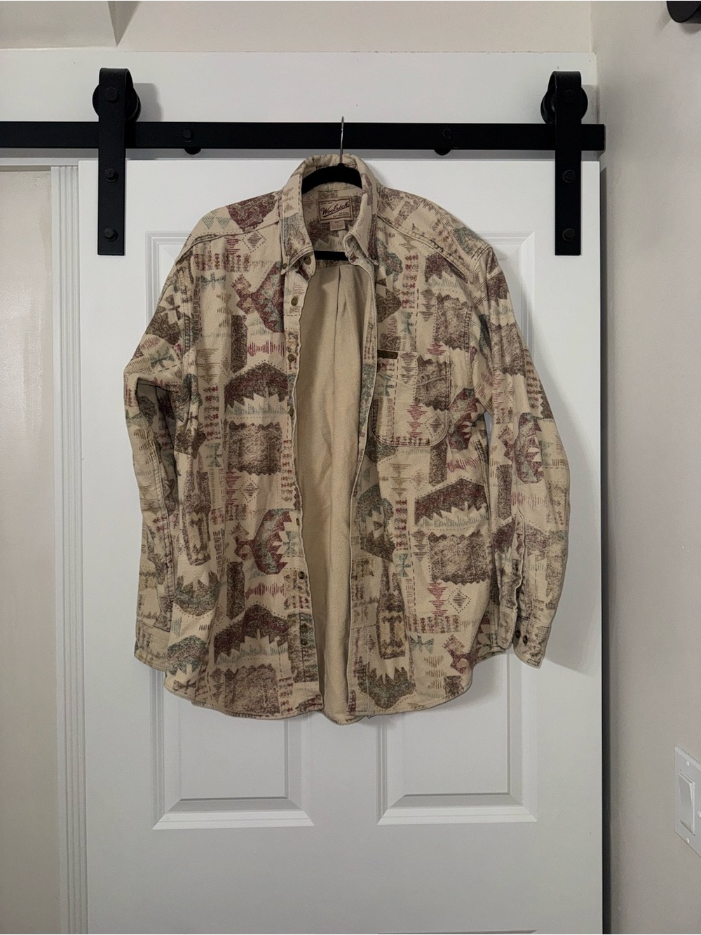Woolrich Beige Patterned Lightweight Shirt Jacket with Rust Accents